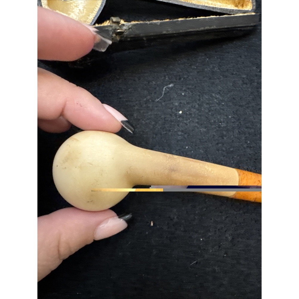 Vintage Block Meerschaum Pipe Amber Stem Hand Carved Estate Tobacco Pipe Case - Picture 7 of 16